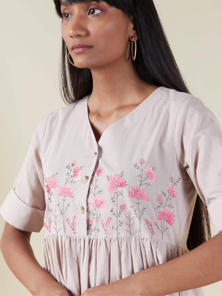 Bombay Paisley Taupe Floral-Embroidered Dress