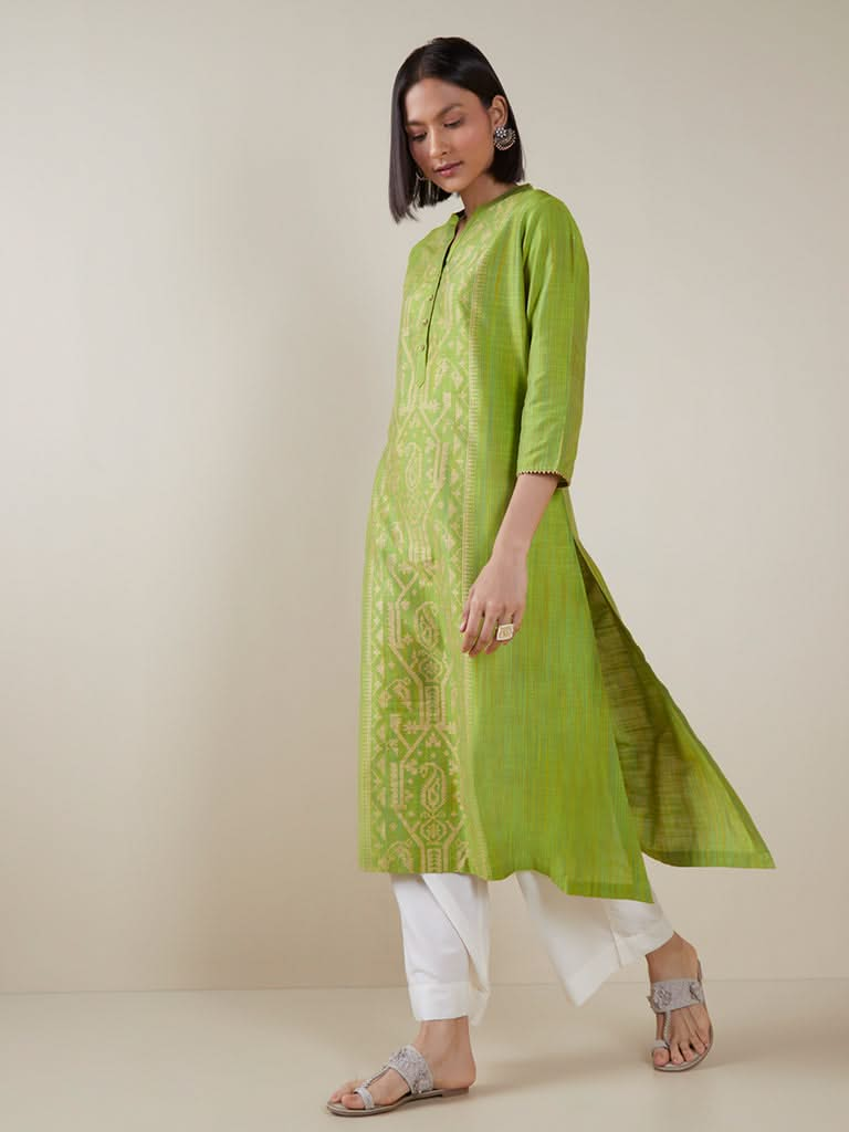 Utsa Lime Green Printed A-line Kurta