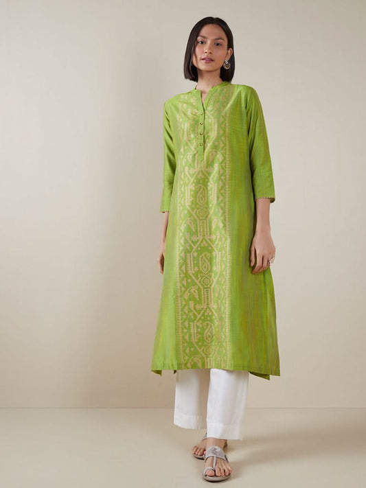 Utsa Lime Green Printed A-line Kurta