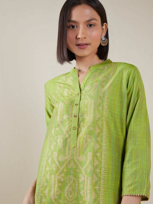 Utsa Lime Green Printed A-line Kurta