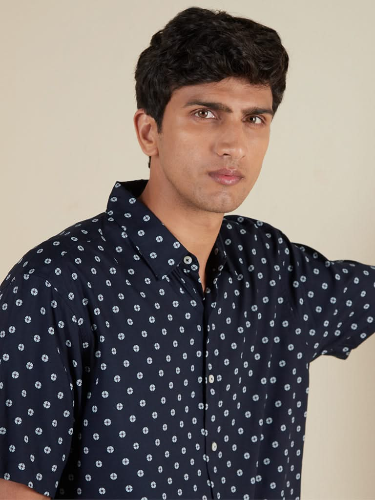 Ascot Navy Printed Relaxed-Fit Shirt