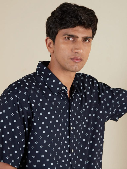 Ascot Navy Printed Relaxed-Fit Shirt