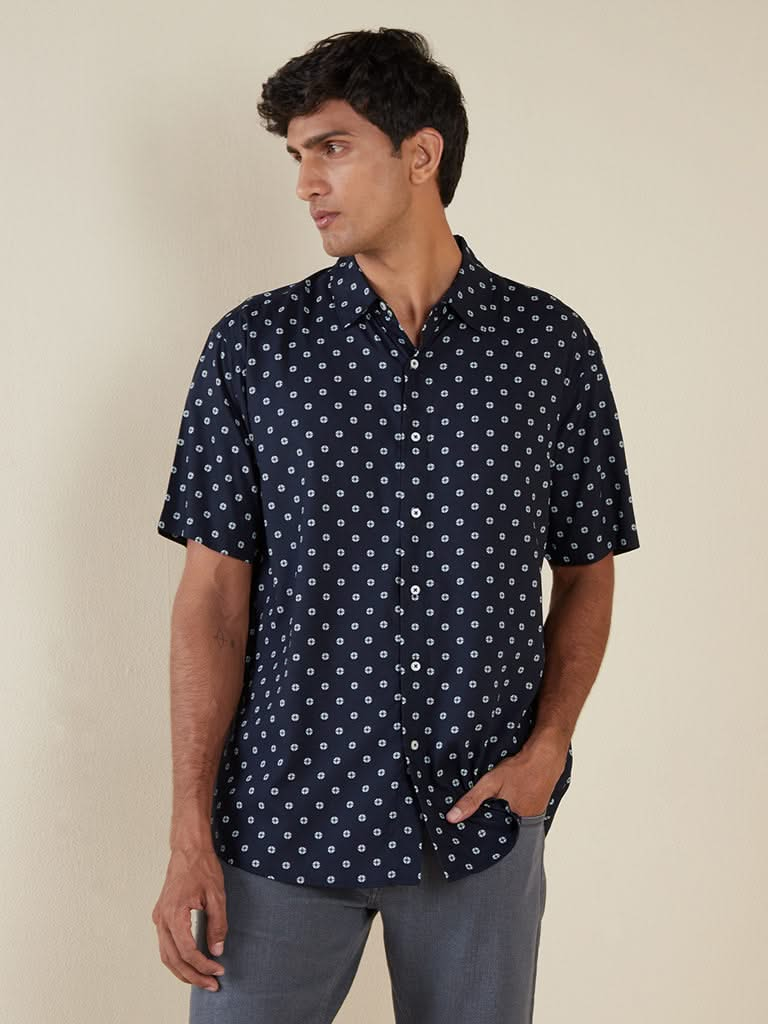 Ascot Navy Printed Relaxed-Fit Shirt