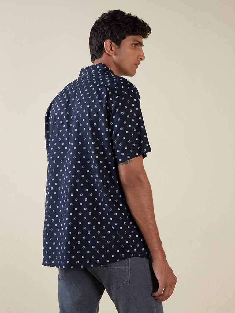 Ascot Navy Printed Relaxed-Fit Shirt