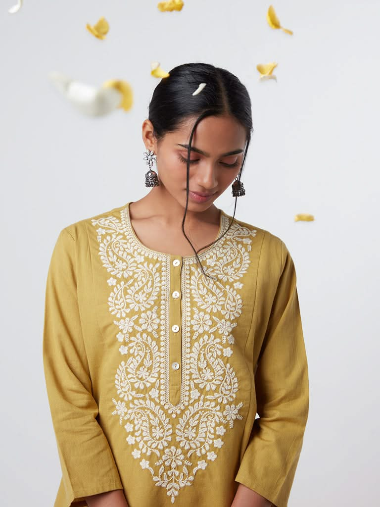 Utsa Lime Paisley Embroidered A-Line Kurta