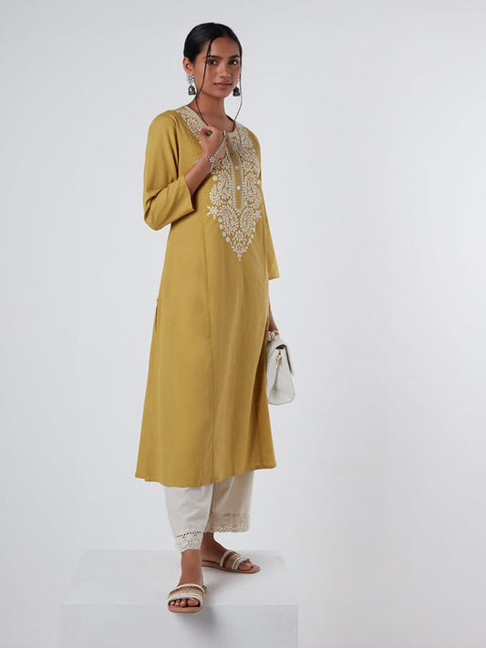 Utsa Lime Paisley Embroidered A-Line Kurta