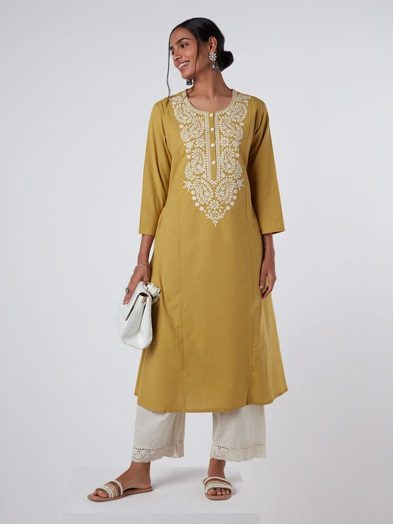 Utsa Lime Paisley Embroidered A-Line Kurta