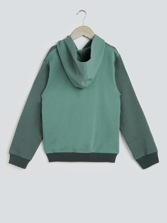 Y&F Kids Green Colour-Block Hooded Sweatshirt