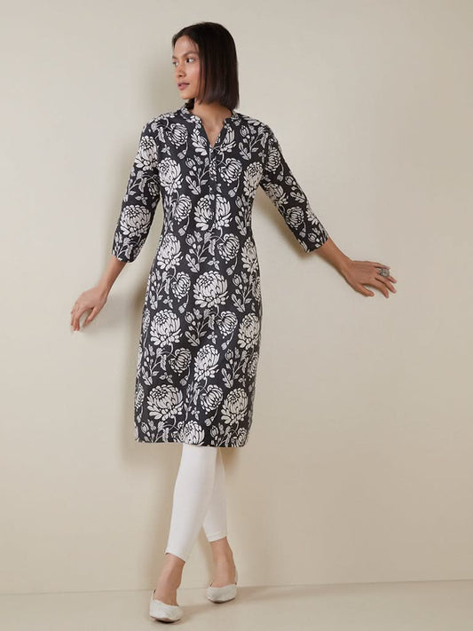 Utsa Black Floral Print Straight Kurta