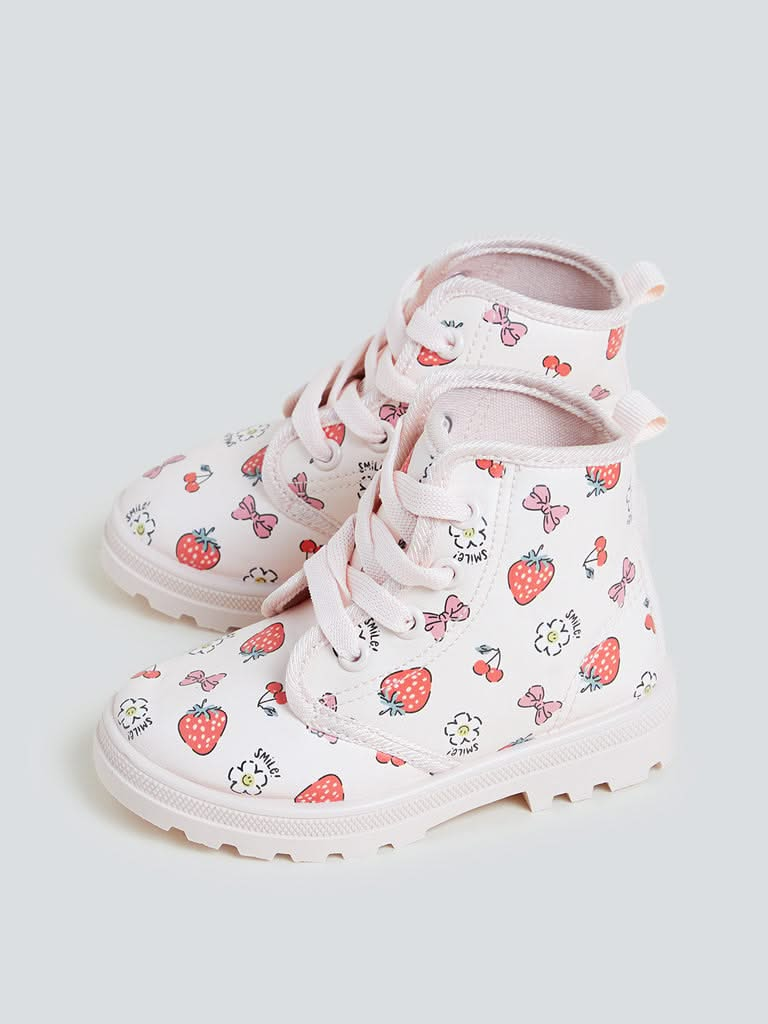 Yellow Kids Pink Strawberry Print Boots