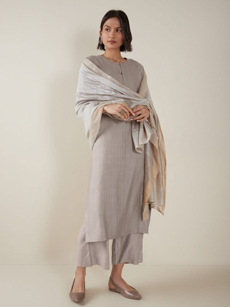 Zuba Taupe Pintuck Straight Kurta