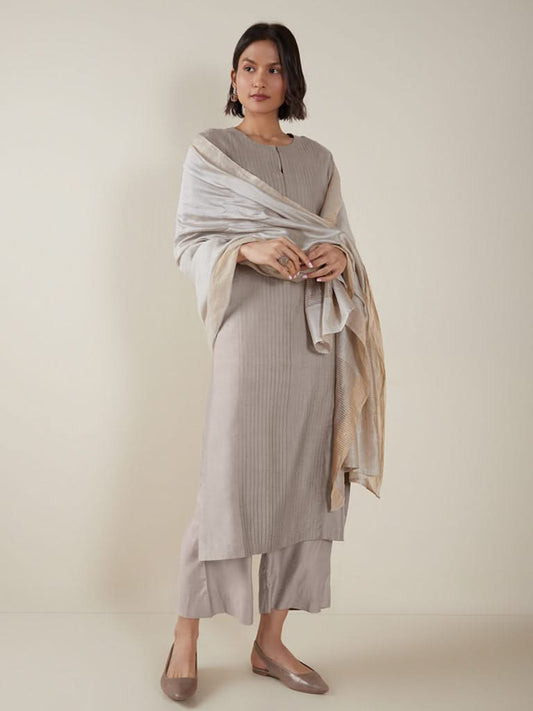 Zuba Taupe Pintuck Straight Kurta