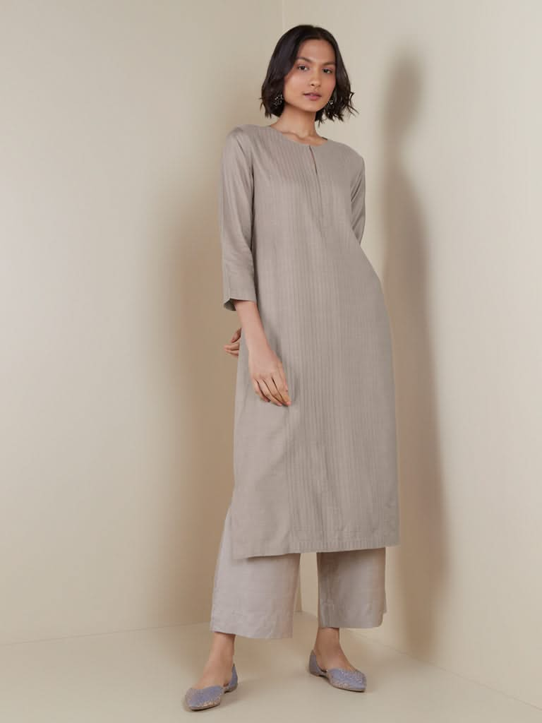 Zuba Taupe Pintuck Straight Kurta