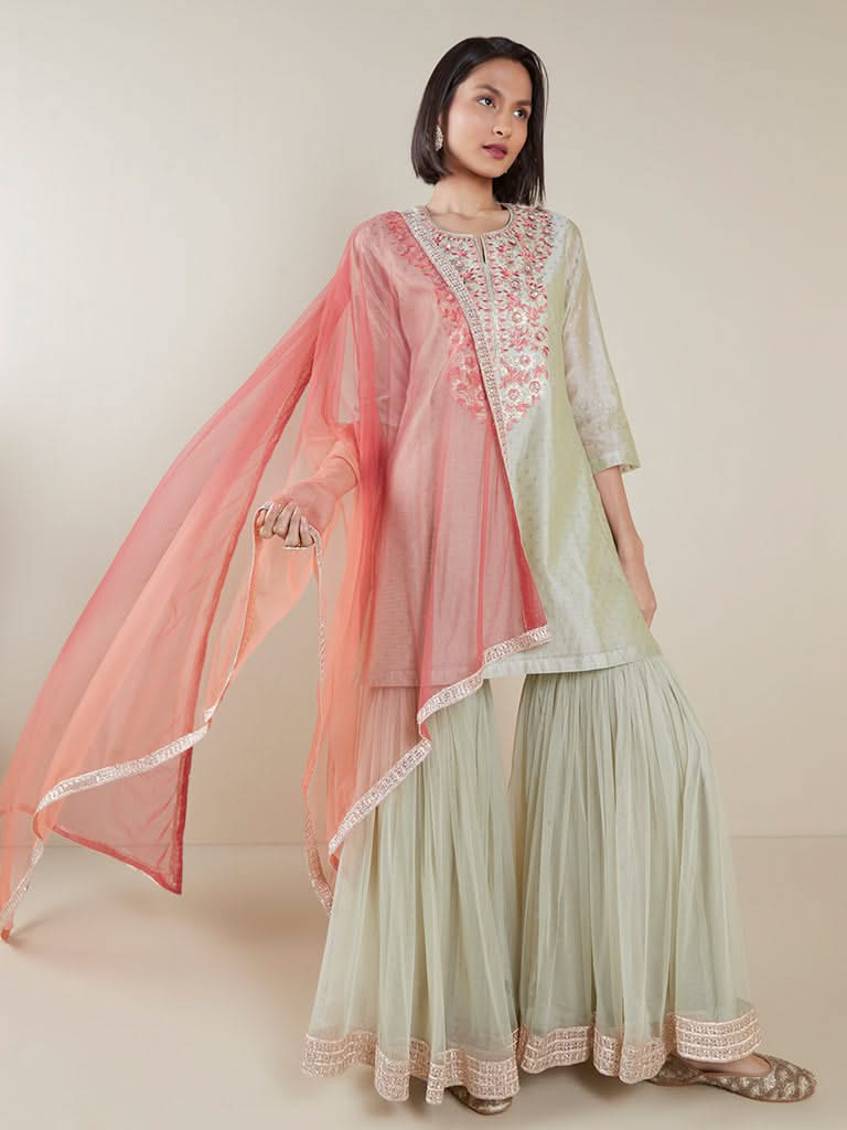 Vark Sage Green Straight Kurta and Sharara Set