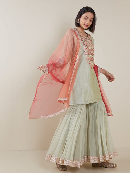 Vark Sage Green Straight Kurta and Sharara Set