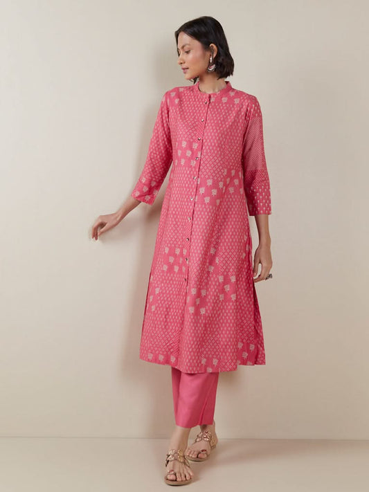 Zuba Pink Printed A-line Kurta