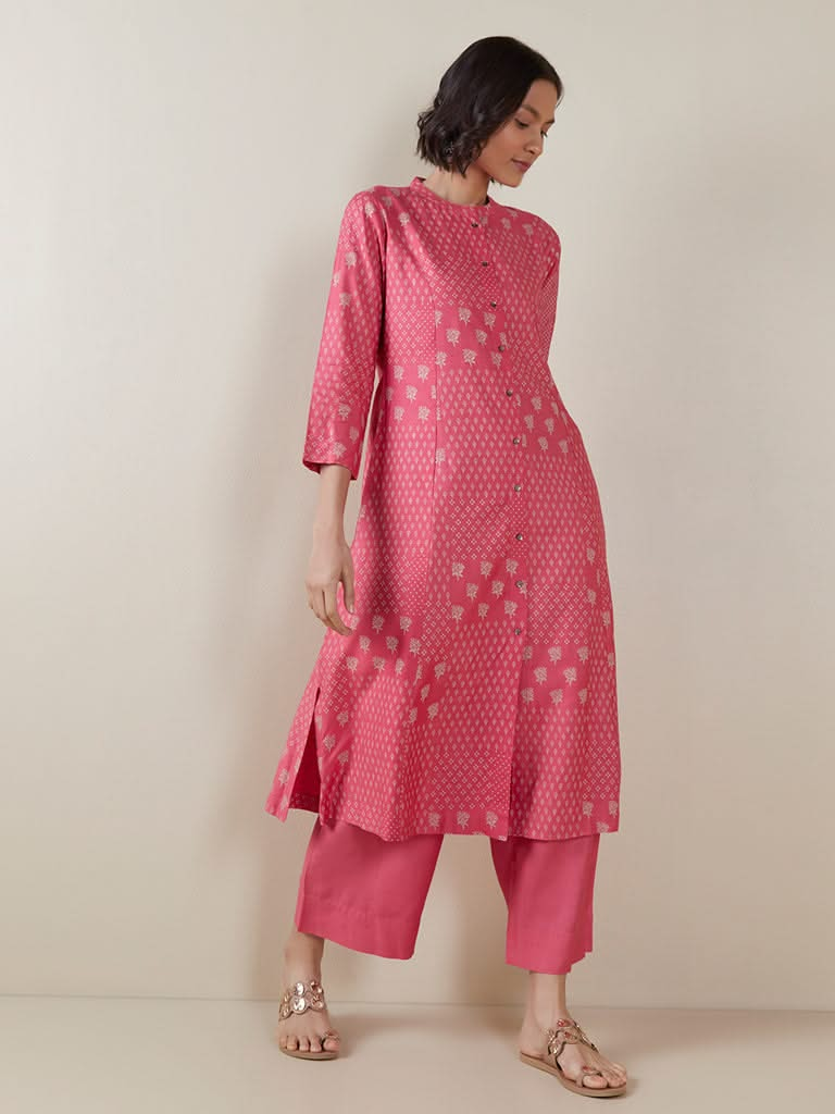 Zuba Pink Printed A-line Kurta