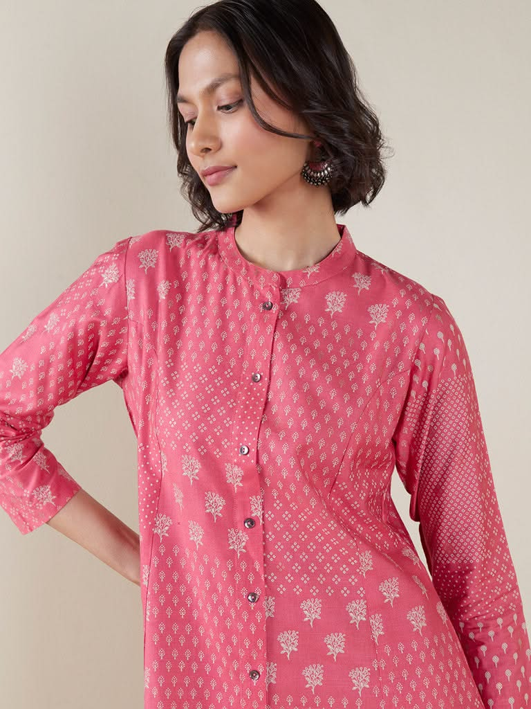 Zuba Pink Printed A-line Kurta