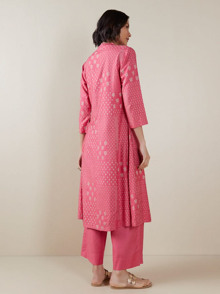 Zuba Pink Printed A-line Kurta