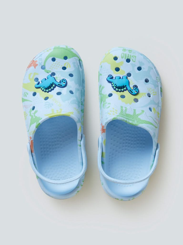 Yellow Kids Light Blue Dinosaur Theme Clogs