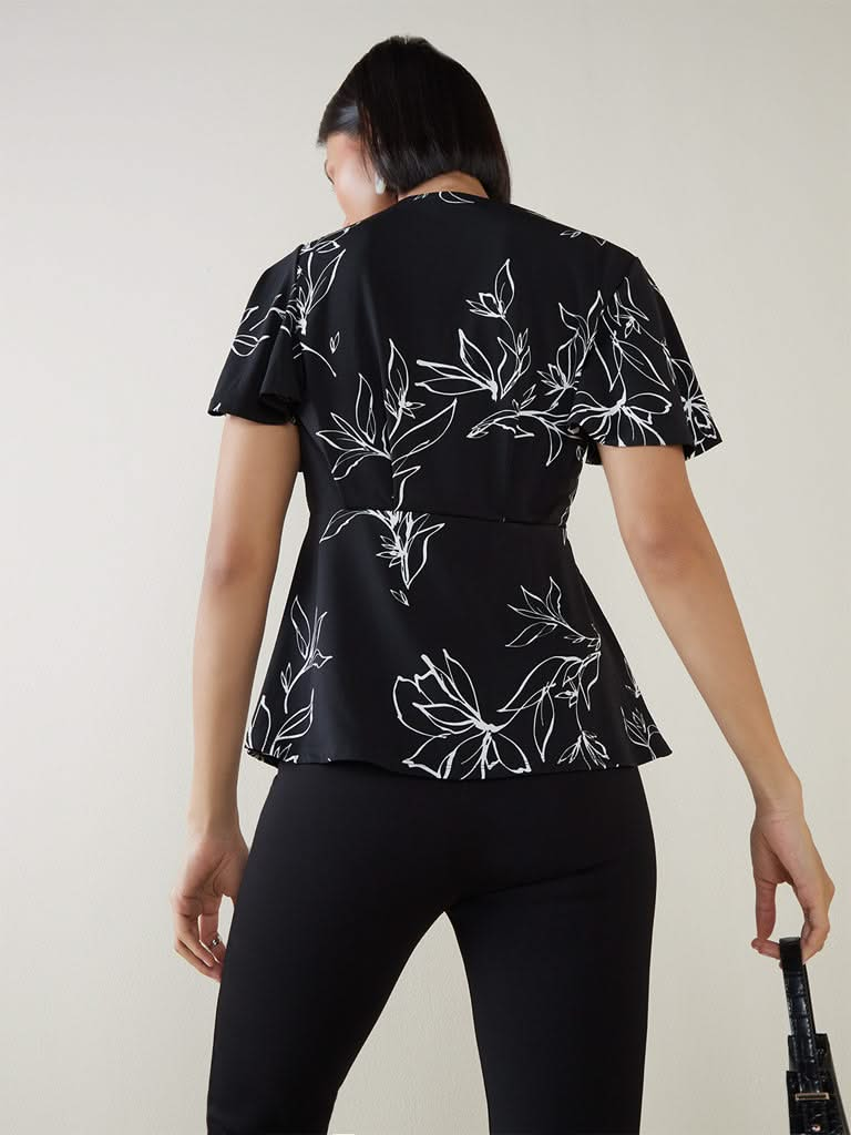 Wardrobe Black Floral Design Peplum Top