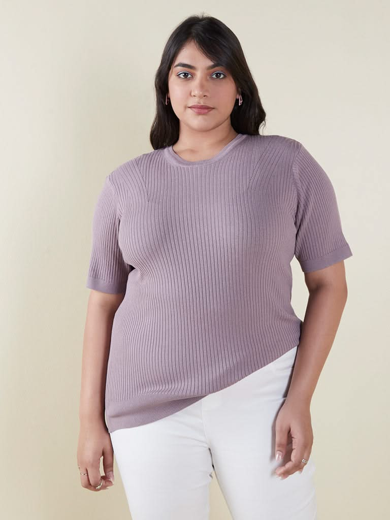 Gia Curves Purple Ribbed Knitted Top