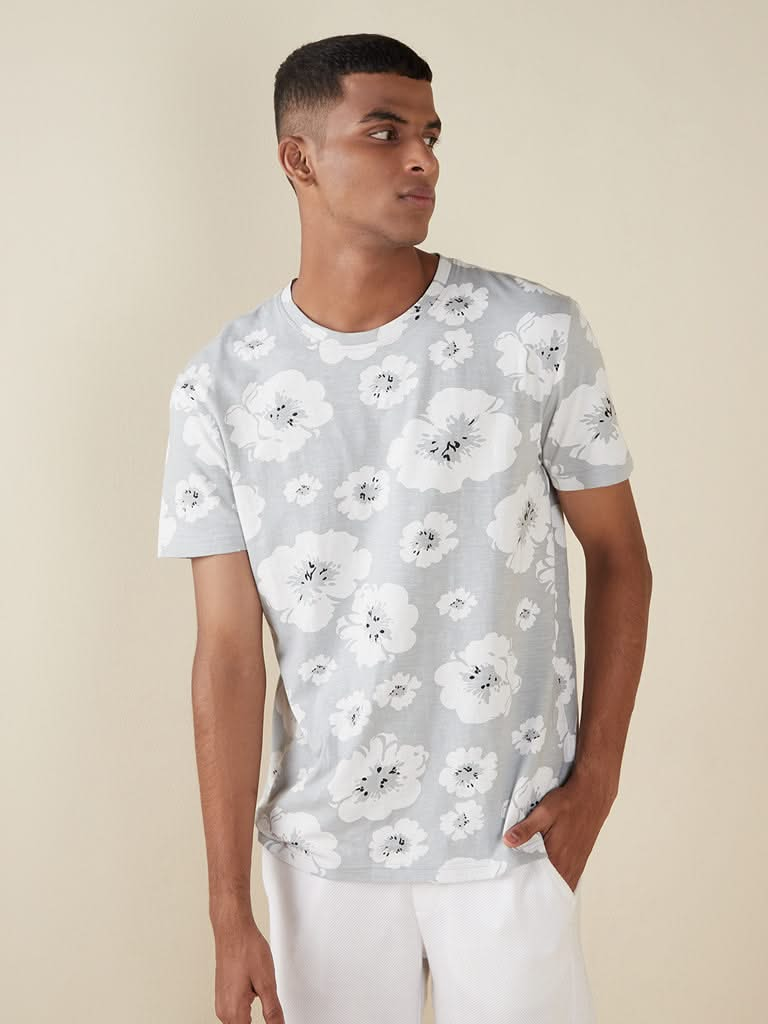 ETA Grey Floral Print Slim-Fit T-Shirt