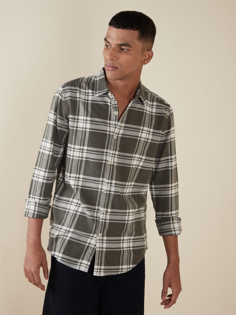 Nuon Olive Checkered Slim-Fit Shirt