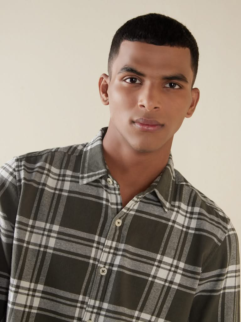 Nuon Olive Checkered Slim-Fit Shirt