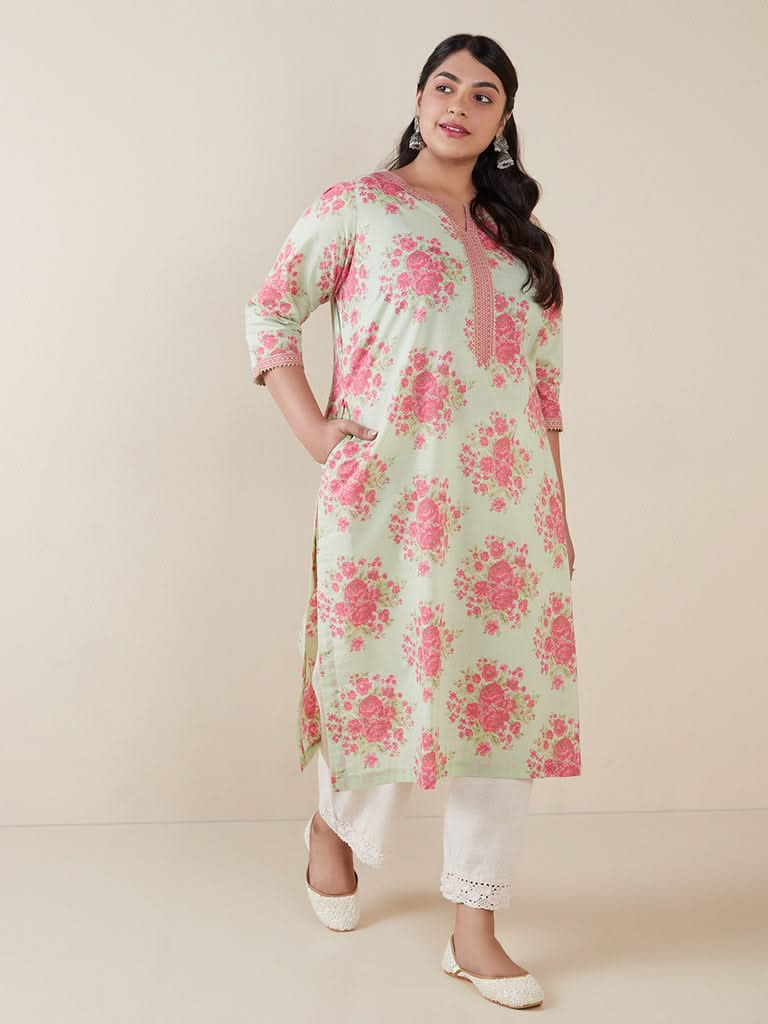 Diza Curves Mint Floral-Printed A-Line Kurta