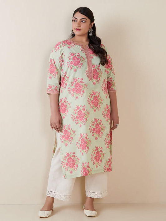 Diza Curves Mint Floral-Printed A-Line Kurta