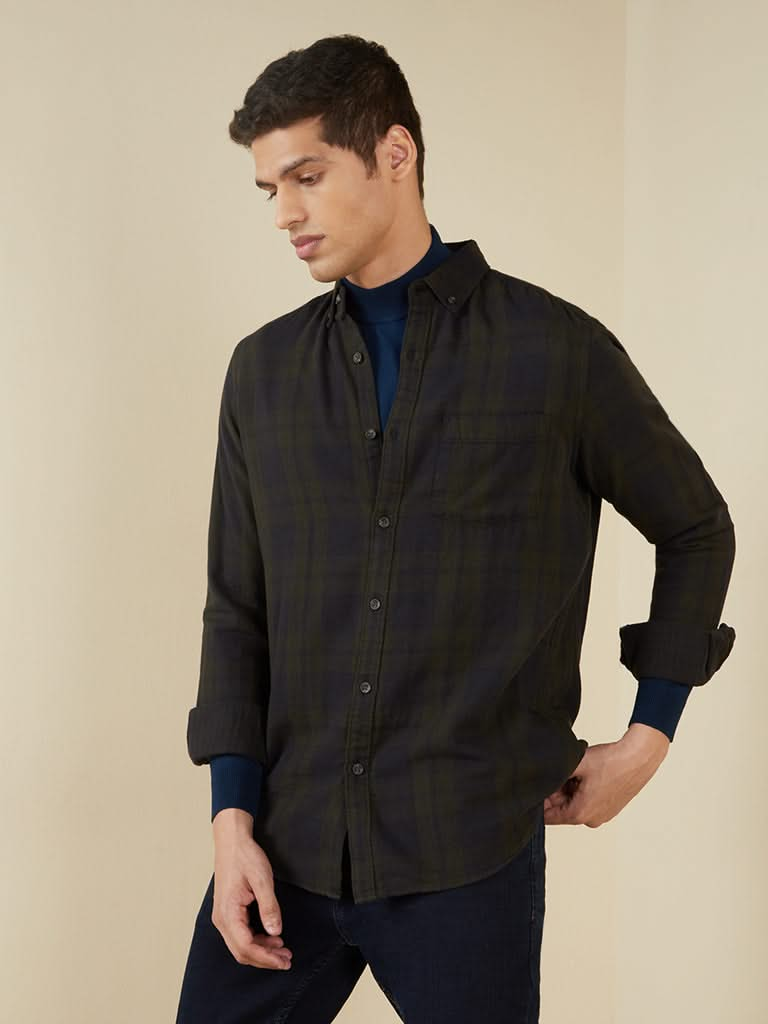 WES Casuals Olive Checkered Slim-Fit Shirt