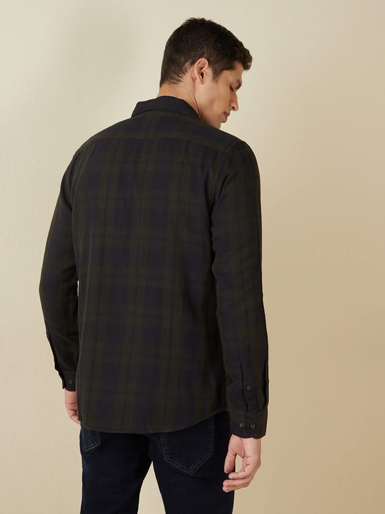 WES Casuals Olive Checkered Slim-Fit Shirt