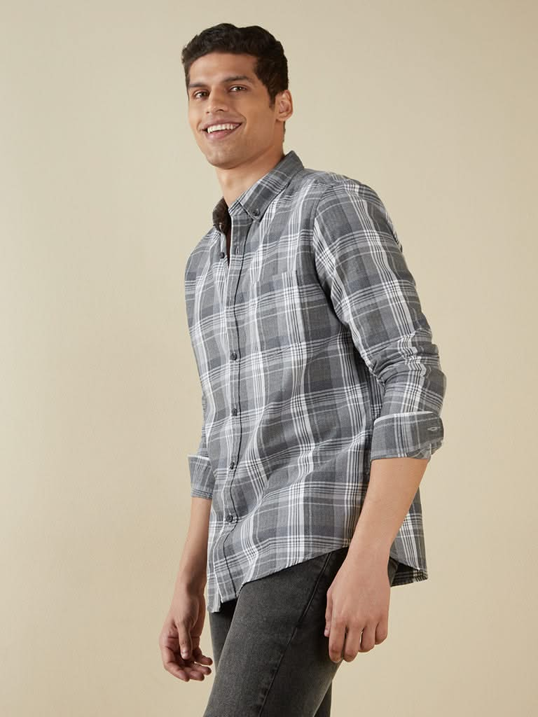 WES Casuals Grey Checkered Slim-Fit Shirt