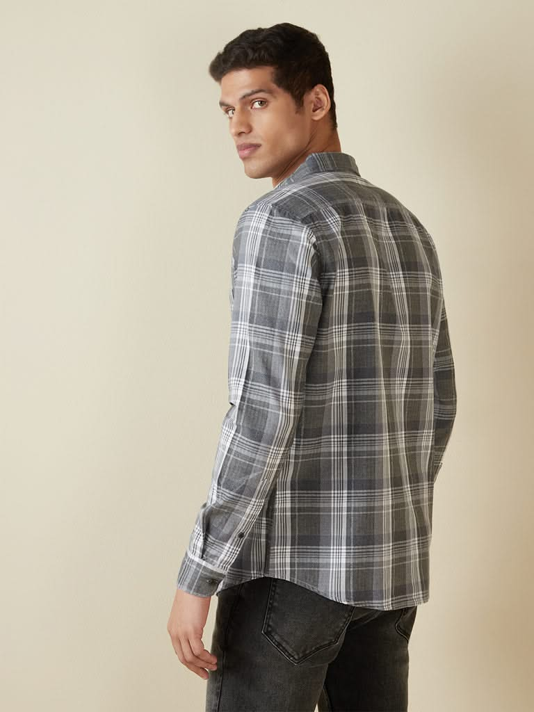 WES Casuals Grey Checkered Slim-Fit Shirt