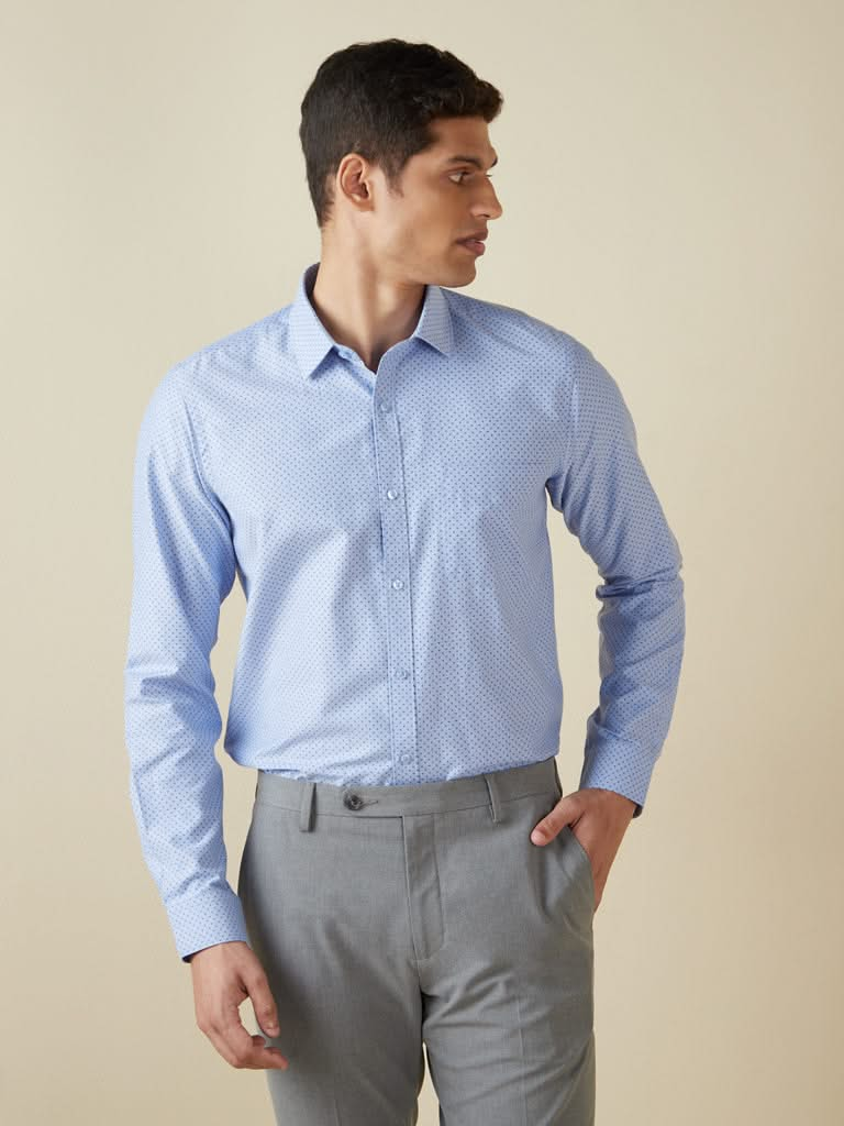 WES Formals Blue Printed Slim-Fit Shirt