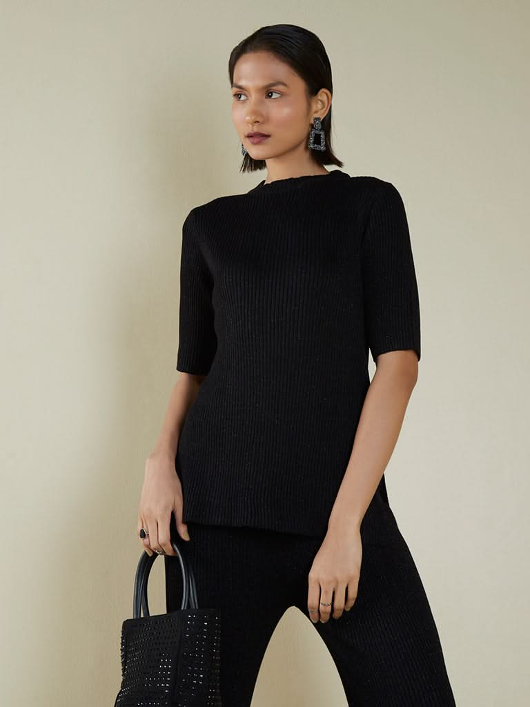 Wardrobe Black Ribbed Crewneck Top