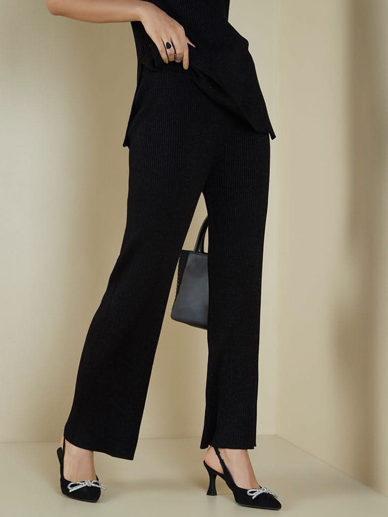 Wardrobe Black Rib Flared Trousers