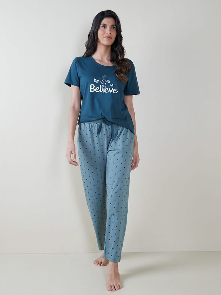 Wunderlove Light Teal Polka Dotted Pyjamas