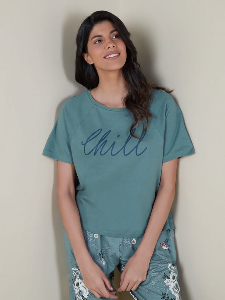 Wunderlove Green Printed Raglan-Sleeved T-Shirt