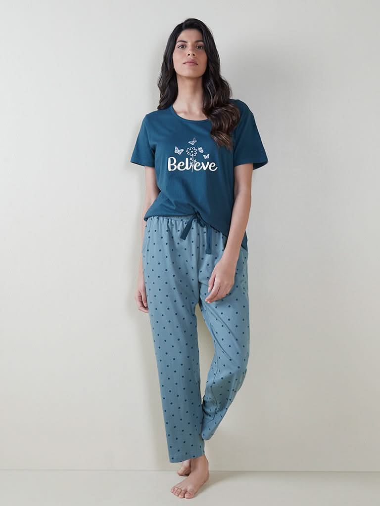 Wunderlove Teal Text Printed T-Shirt