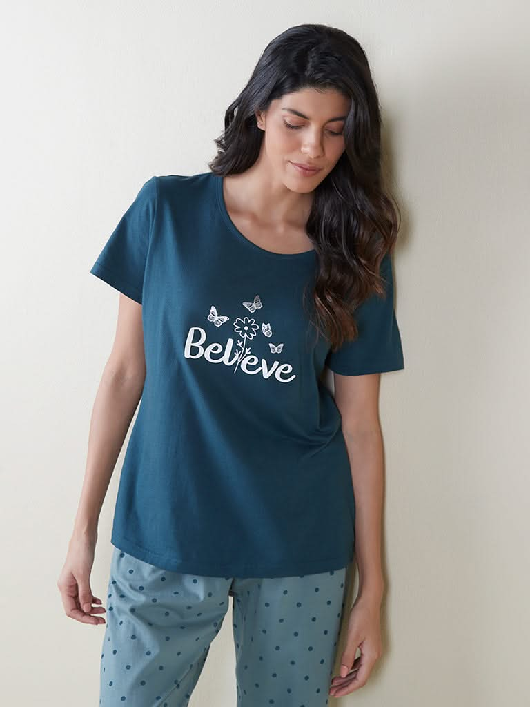 Wunderlove Teal Text Printed T-Shirt