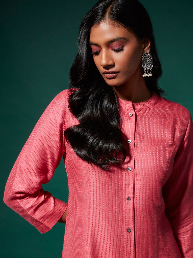 Zuba Pink Self-Patterned A-line Kurta