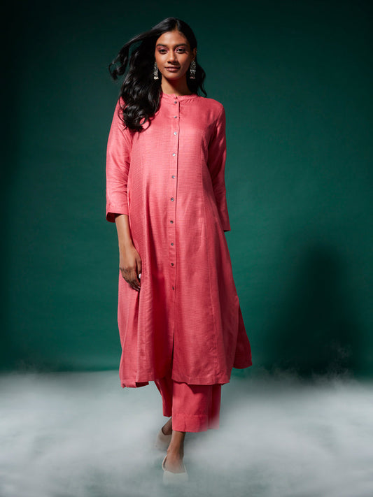 Zuba Pink Self-Patterned A-line Kurta