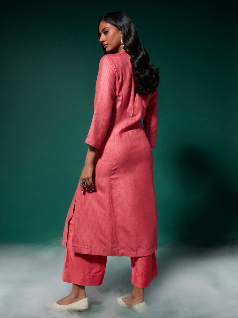 Zuba Pink Self-Patterned A-line Kurta