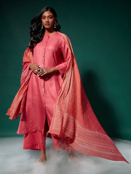 Zuba Pink Self-Patterned A-line Kurta