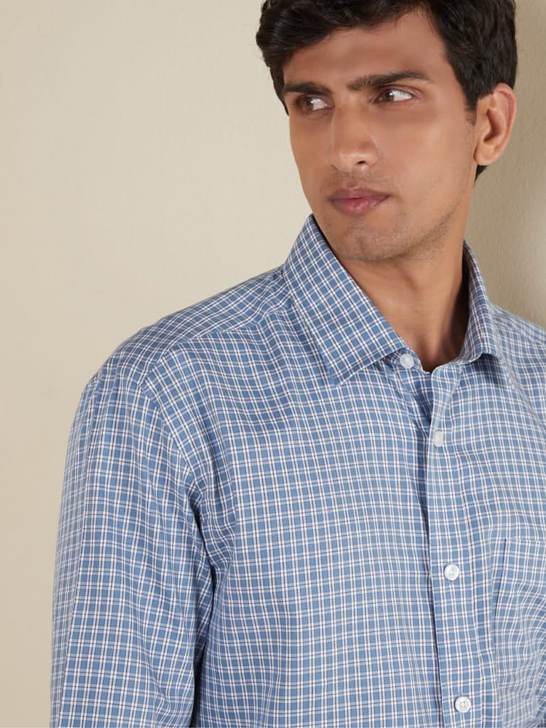 WES Formals  Blue Checkered Relaxed-Fit Shirt