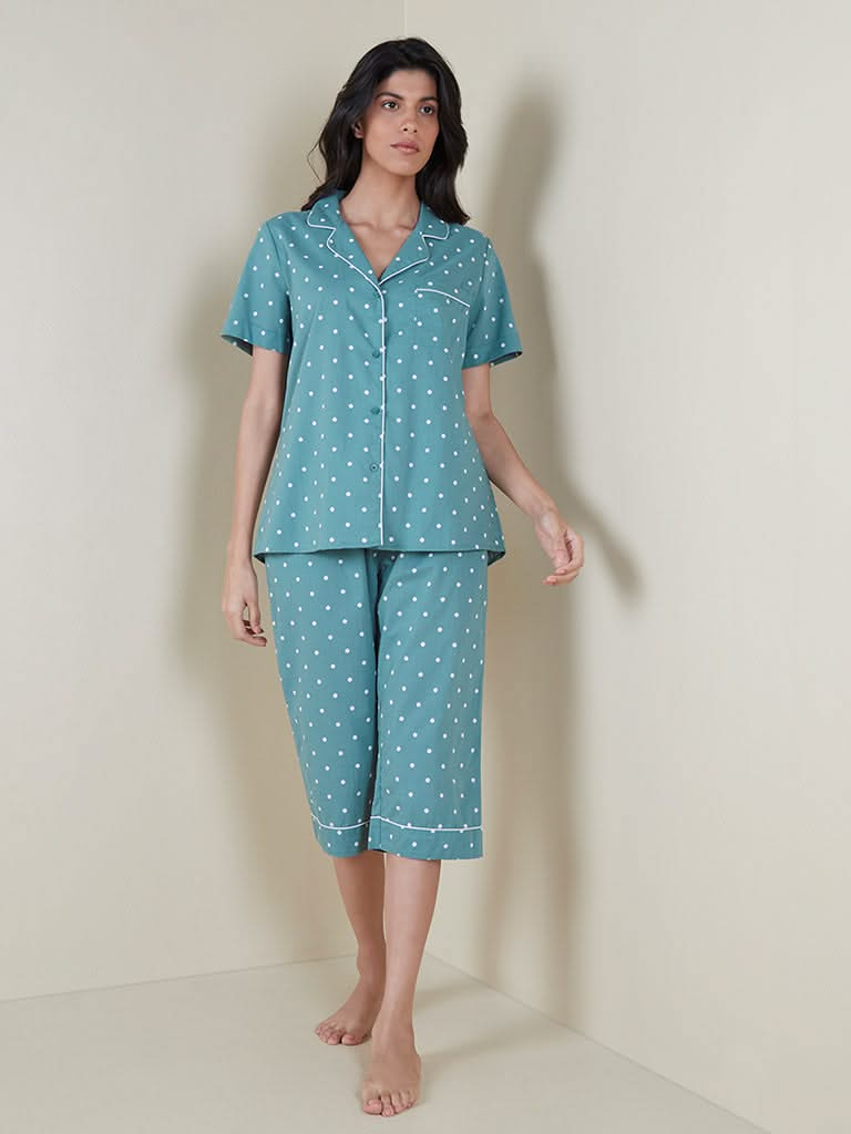 Wunderlove Green Dotted Shirt and Capris Set